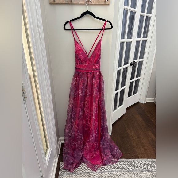New Lulus Romance That Wows Magenta Floral Print Organza Maxi Dress - Picture 5 of 13